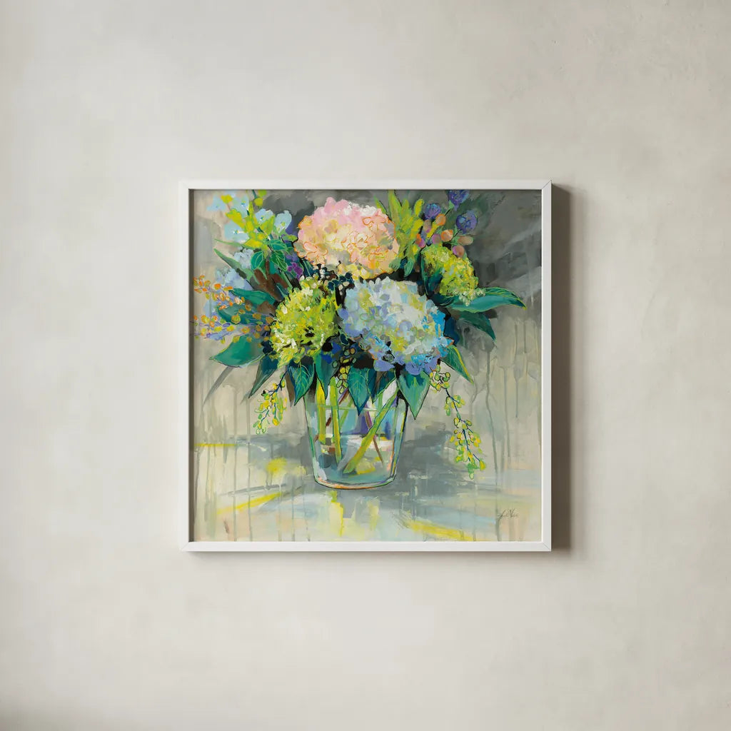 Hydrangeas from the Garden by Jeanette Vertentes. Shown in a crisp white glass frame for a clean and minimalist style. Available as an archival giclee rolled canvas, fine art paper, or poster print. SKU 53183a.