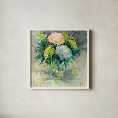 Hydrangeas from the Garden by Jeanette Vertentes. Shown in a crisp white glass frame for a clean and minimalist style. Available as an archival giclee rolled canvas, fine art paper, or poster print. SKU 53183a.