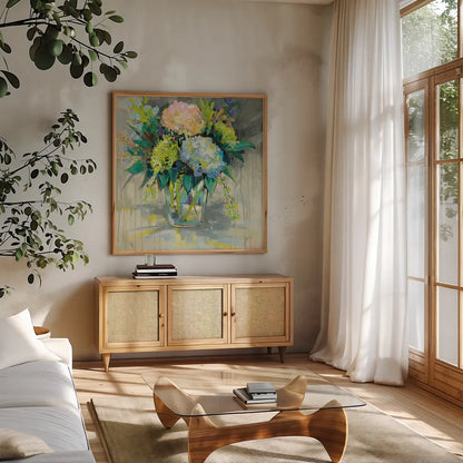 Hydrangeas from the Garden by Jeanette Vertentes. Shown in a natural wood frame in a cozy modern living room. Available as an archival giclee rolled canvas, fine art paper, or poster print. SKU 53183a.