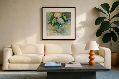 Hydrangeas from the Garden by Jeanette Vertentes. Displayed in a glass frame with matte in a clean modern living room. Available as an archival giclee rolled canvas, fine art paper, or poster print. SKU 53183a.