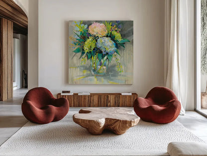 Hydrangeas from the Garden by Jeanette Vertentes. Shown as extra-large giant wall art in a modern living room. Available as an archival giclee rolled canvas, fine art paper, or poster print. SKU 53183a.
