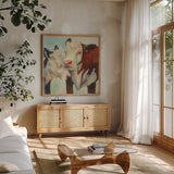 In Love by Jeanette Vertentes. Shown in a natural wood frame in a cozy modern living room. Available as an archival giclee rolled canvas, fine art paper, or poster print. SKU 49135a.