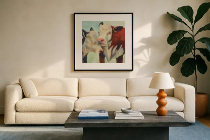 In Love by Jeanette Vertentes. Displayed in a glass frame with matte in a clean modern living room. Available as an archival giclee rolled canvas, fine art paper, or poster print. SKU 49135a.