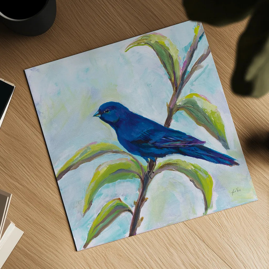 Indigo Bunting by Jeanette Vertentes. Shown as a detailed flat fine art print, highlighting archival giclee quality. Available as an archival giclee rolled canvas, fine art paper, or poster print. SKU 63459a.