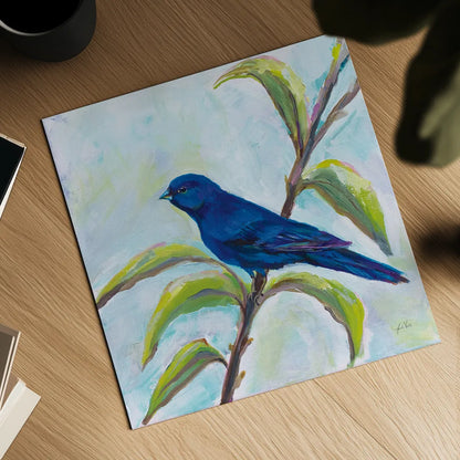 Indigo Bunting by Jeanette Vertentes. Shown as a detailed flat fine art print, highlighting archival giclee quality. Available as an archival giclee rolled canvas, fine art paper, or poster print. SKU 63459a.