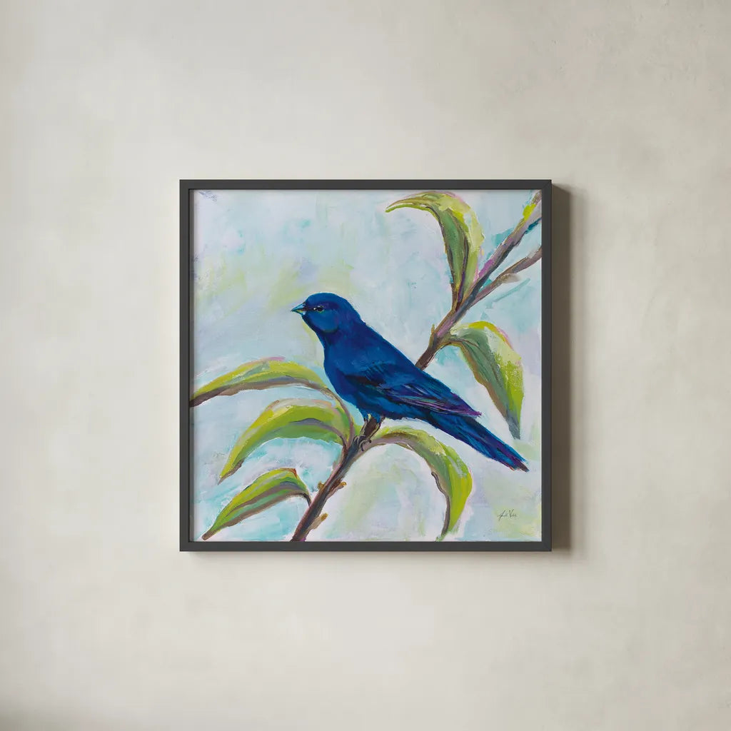Indigo Bunting by Jeanette Vertentes. Shown in a sleek black glass frame for a contemporary gallery look. Available as an archival giclee rolled canvas, fine art paper, or poster print. SKU 63459a.