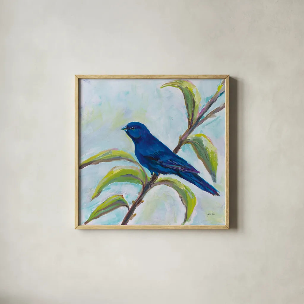 Indigo Bunting by Jeanette Vertentes. Shown in a natural wood glass frame for a timeless modern aesthetic. Available as an archival giclee rolled canvas, fine art paper, or poster print. SKU 63459a.