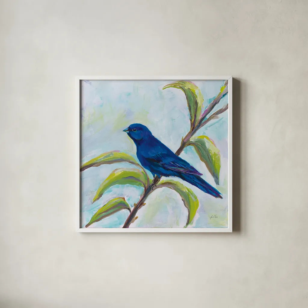 Indigo Bunting by Jeanette Vertentes. Shown in a crisp white glass frame for a clean and minimalist style. Available as an archival giclee rolled canvas, fine art paper, or poster print. SKU 63459a.