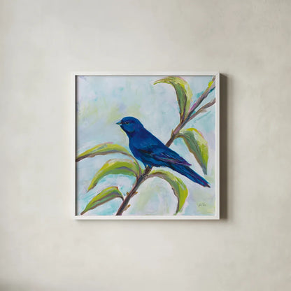 Indigo Bunting by Jeanette Vertentes. Shown in a crisp white glass frame for a clean and minimalist style. Available as an archival giclee rolled canvas, fine art paper, or poster print. SKU 63459a.