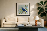 Indigo Bunting by Jeanette Vertentes. Displayed in a glass frame with matte in a clean modern living room. Available as an archival giclee rolled canvas, fine art paper, or poster print. SKU 63459a.