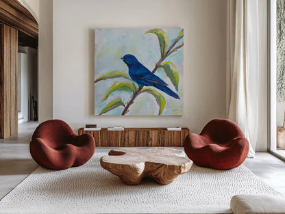 Indigo Bunting by Jeanette Vertentes. Shown as extra-large giant wall art in a modern living room. Available as an archival giclee rolled canvas, fine art paper, or poster print. SKU 63459a.