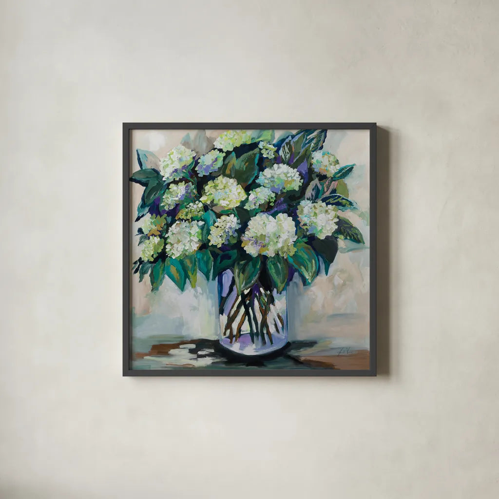 Jaimes Bouquet by Jeanette Vertentes. Shown in a sleek black glass frame for a contemporary gallery look. Available as an archival giclee rolled canvas, fine art paper, or poster print. SKU 87800a.