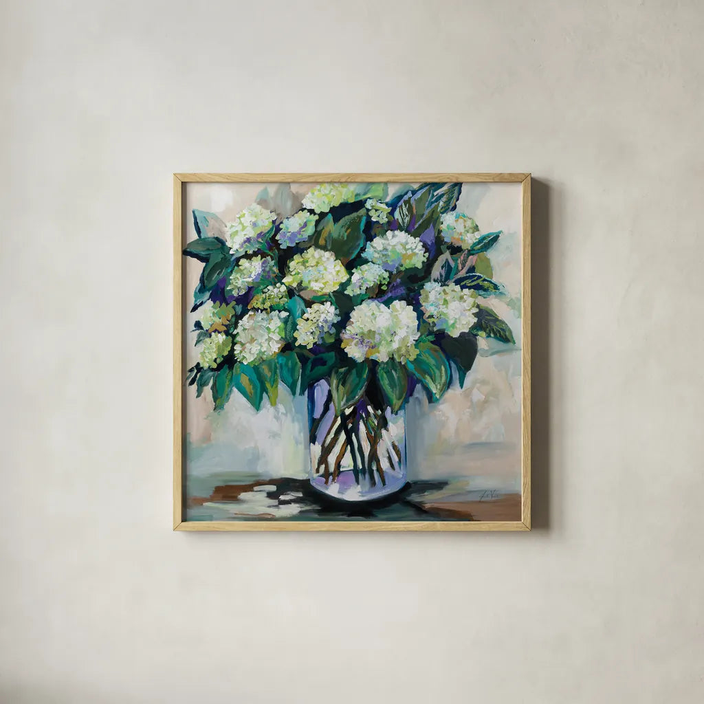 Jaimes Bouquet by Jeanette Vertentes. Shown in a natural wood glass frame for a timeless modern aesthetic. Available as an archival giclee rolled canvas, fine art paper, or poster print. SKU 88567a.