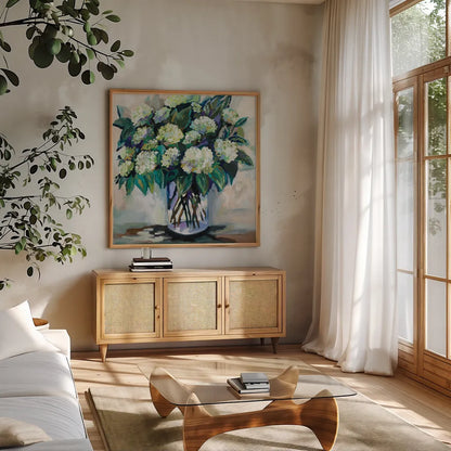 Jaimes Bouquet by Jeanette Vertentes. Shown in a natural wood frame in a cozy modern living room. Available as an archival giclee rolled canvas, fine art paper, or poster print. SKU 88567a.