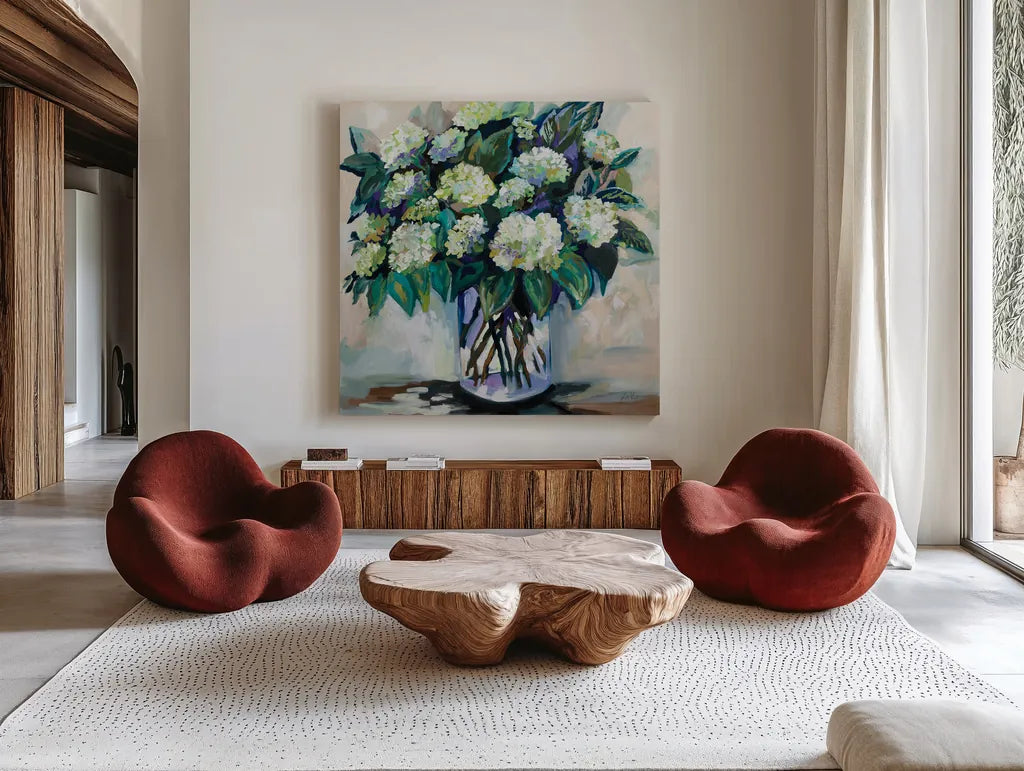 Jaimes Bouquet by Jeanette Vertentes. Shown as extra-large giant wall art in a modern living room. Available as an archival giclee rolled canvas, fine art paper, or poster print. SKU 88567a.