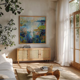 Journey by Jeanette Vertentes. Shown in a natural wood frame in a cozy modern living room. Available as an archival giclee rolled canvas, fine art paper, or poster print. SKU 83802a.