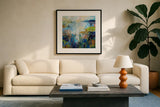 Journey by Jeanette Vertentes. Displayed in a glass frame with matte in a clean modern living room. Available as an archival giclee rolled canvas, fine art paper, or poster print. SKU 83802a.