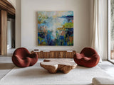 Journey by Jeanette Vertentes. Shown as extra-large giant wall art in a modern living room. Available as an archival giclee rolled canvas, fine art paper, or poster print. SKU 83802a.