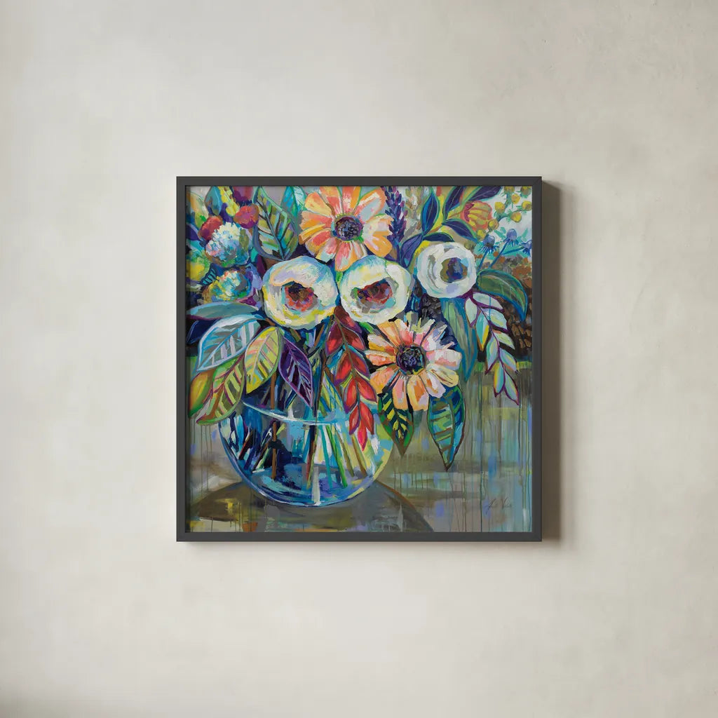 Joy by Jeanette Vertentes. Shown in a sleek black glass frame for a contemporary gallery look. Available as an archival giclee rolled canvas, fine art paper, or poster print. SKU 53467a.