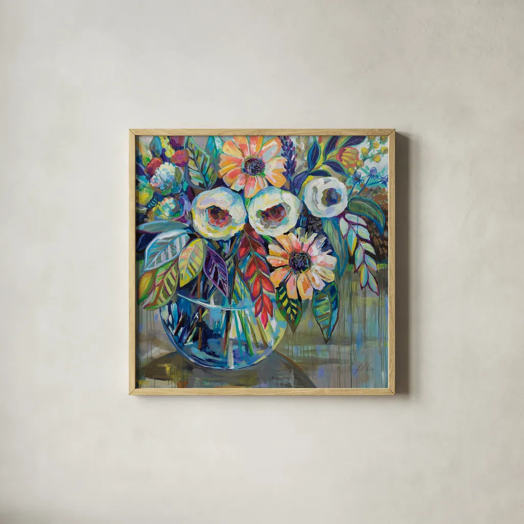 Joy by Jeanette Vertentes. Shown in a natural wood glass frame for a timeless modern aesthetic. Available as an archival giclee rolled canvas, fine art paper, or poster print. SKU 53467a.
