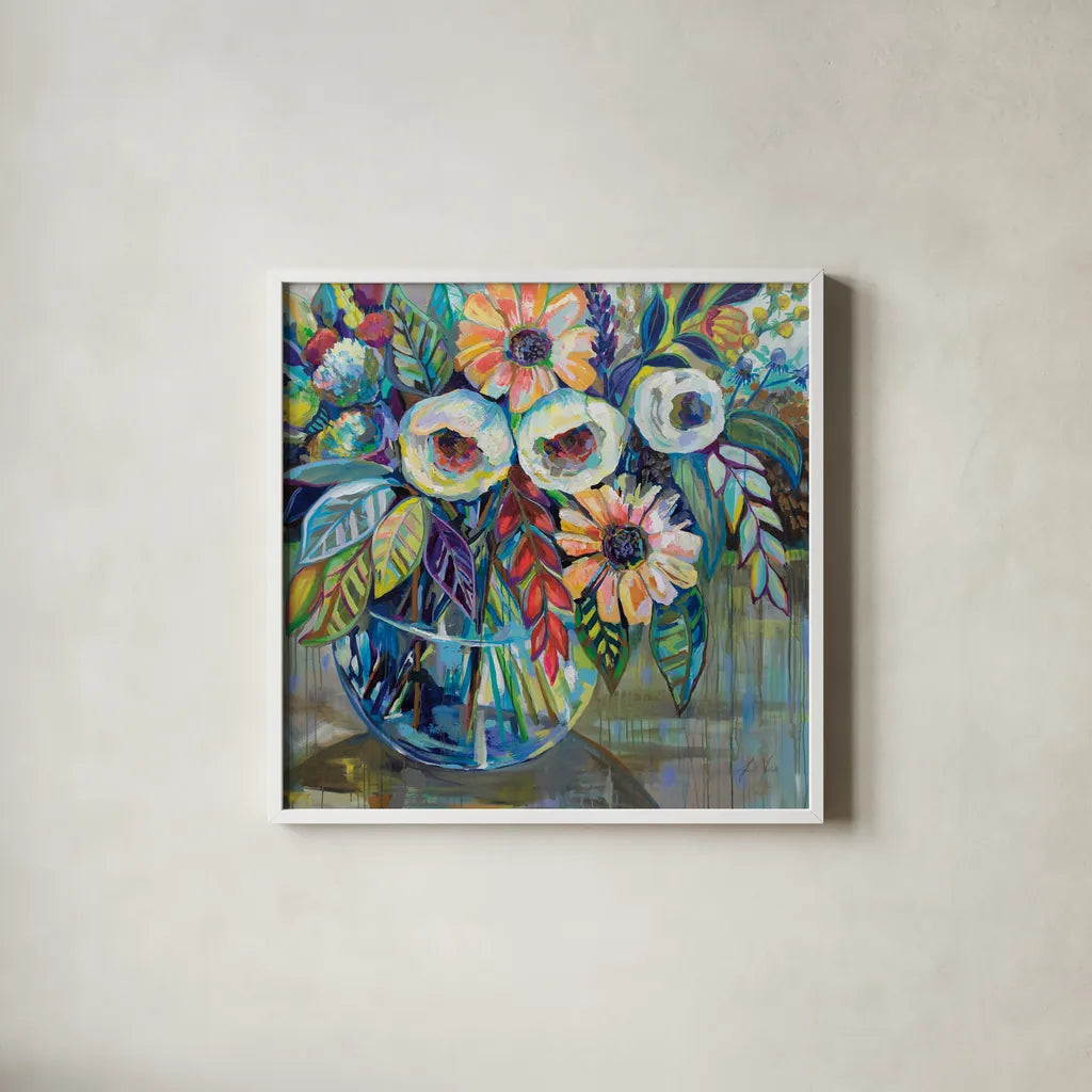 Joy by Jeanette Vertentes. Shown in a crisp white glass frame for a clean and minimalist style. Available as an archival giclee rolled canvas, fine art paper, or poster print. SKU 53467a.