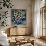 Joyful by Jeanette Vertentes. Shown in a natural wood frame in a cozy modern living room. Available as an archival giclee rolled canvas, fine art paper, or poster print. SKU 103160a.