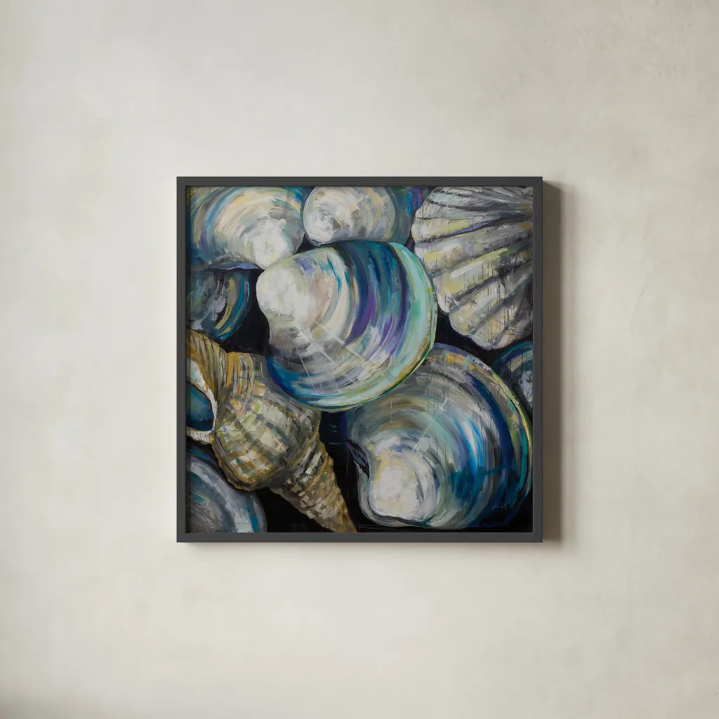 Key West Shells by Jeanette Vertentes. Shown in a sleek black glass frame for a contemporary gallery look. Available as an archival giclee rolled canvas, fine art paper, or poster print. SKU 55495a.