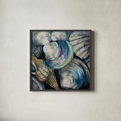 Key West Shells by Jeanette Vertentes. Shown in a sleek black glass frame for a contemporary gallery look. Available as an archival giclee rolled canvas, fine art paper, or poster print. SKU 55495a.