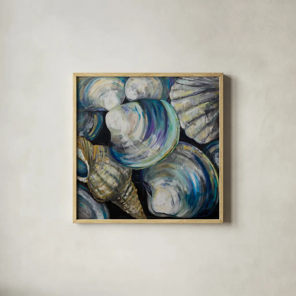 Key West Shells by Jeanette Vertentes. Shown in a natural wood glass frame for a timeless modern aesthetic. Available as an archival giclee rolled canvas, fine art paper, or poster print. SKU 55495a.