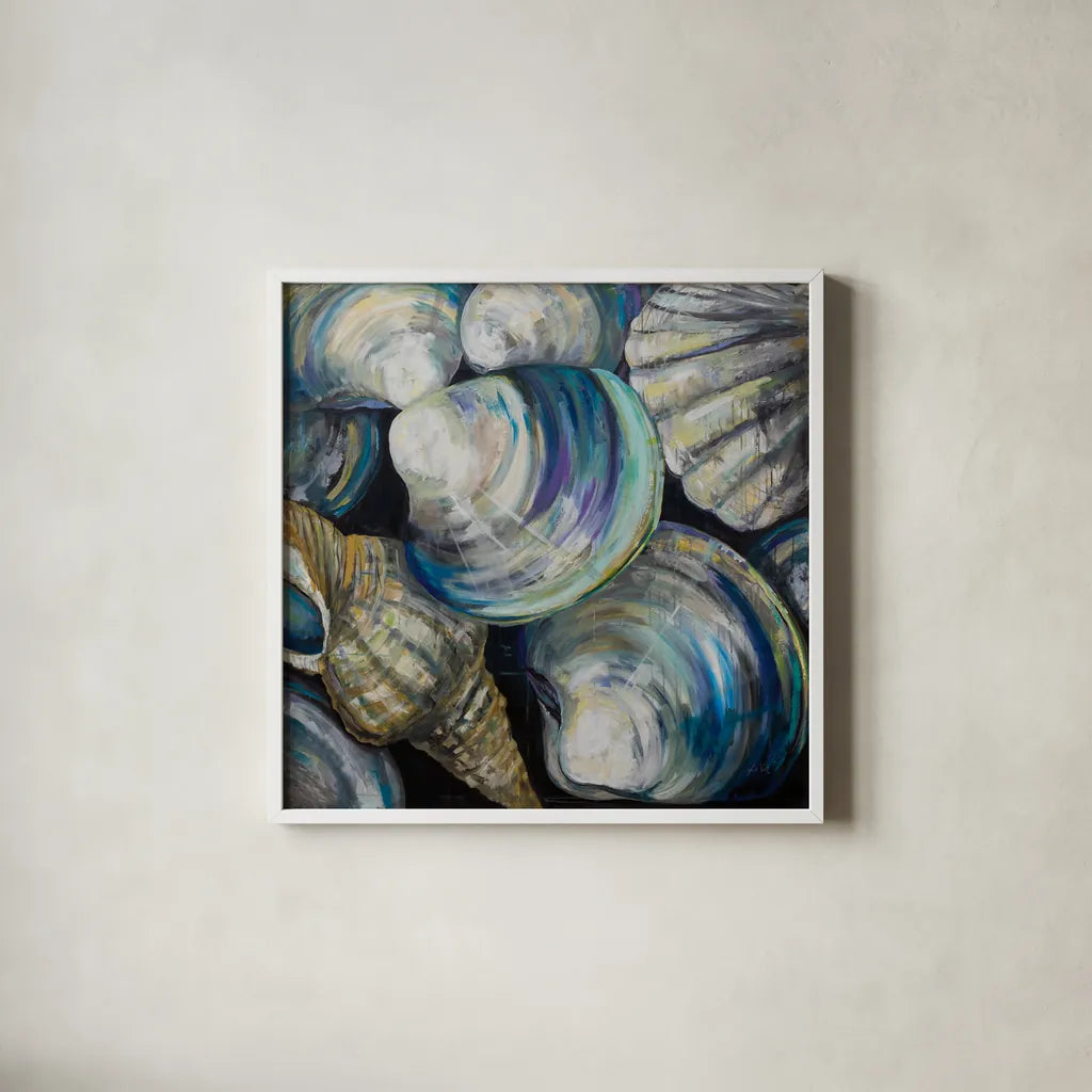 Key West Shells by Jeanette Vertentes. Shown in a crisp white glass frame for a clean and minimalist style. Available as an archival giclee rolled canvas, fine art paper, or poster print. SKU 55495a.