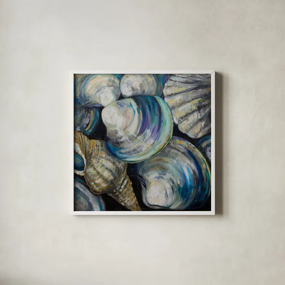 Key West Shells by Jeanette Vertentes. Shown in a crisp white glass frame for a clean and minimalist style. Available as an archival giclee rolled canvas, fine art paper, or poster print. SKU 55495a.