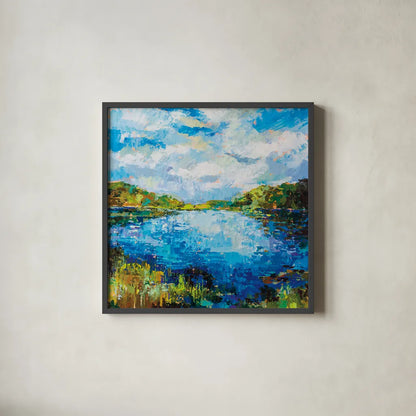Lakeside by Jeanette Vertentes. Shown in a sleek black glass frame for a contemporary gallery look. Available as an archival giclee rolled canvas, fine art paper, or poster print. SKU 74834a.