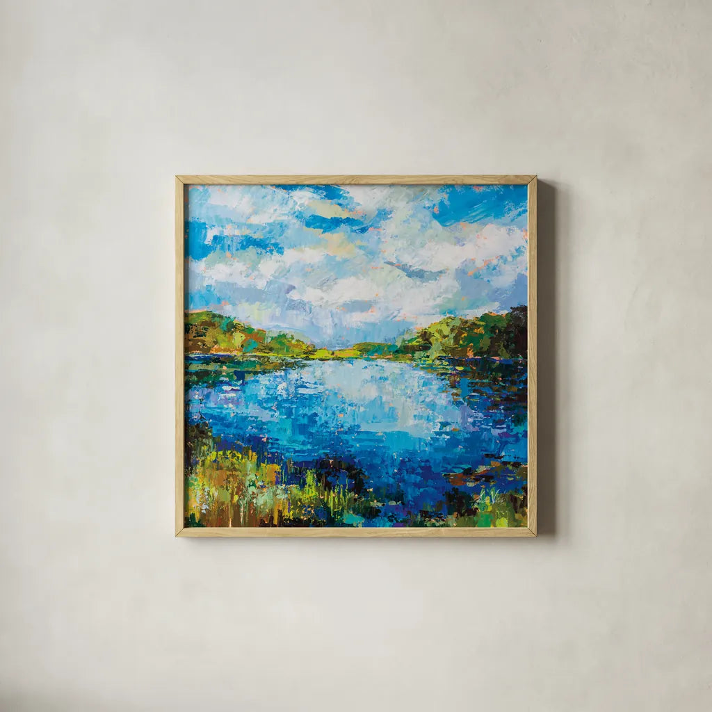 Lakeside by Jeanette Vertentes. Shown in a natural wood glass frame for a timeless modern aesthetic. Available as an archival giclee rolled canvas, fine art paper, or poster print. SKU 74834a.