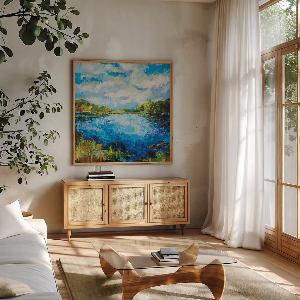 Lakeside by Jeanette Vertentes. Shown in a natural wood frame in a cozy modern living room. Available as an archival giclee rolled canvas, fine art paper, or poster print. SKU 74834a.