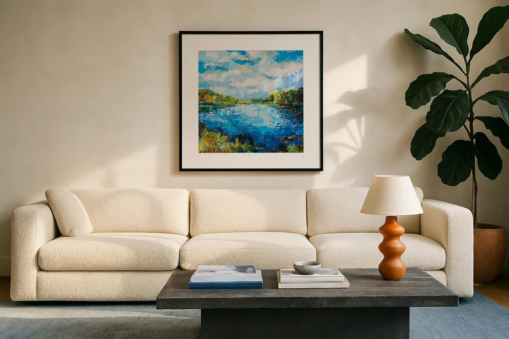 Lakeside by Jeanette Vertentes. Displayed in a glass frame with matte in a clean modern living room. Available as an archival giclee rolled canvas, fine art paper, or poster print. SKU 74834a.