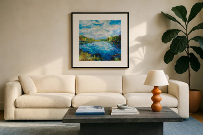 Lakeside by Jeanette Vertentes. Displayed in a glass frame with matte in a clean modern living room. Available as an archival giclee rolled canvas, fine art paper, or poster print. SKU 74834a.