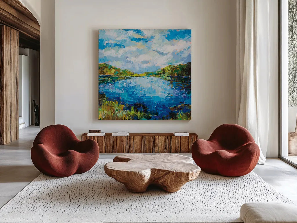 Lakeside by Jeanette Vertentes. Shown as extra-large giant wall art in a modern living room. Available as an archival giclee rolled canvas, fine art paper, or poster print. SKU 74834a.