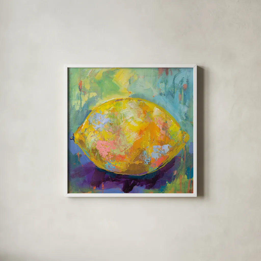 Lemon by Jeanette Vertentes. Shown in a crisp white glass frame for a clean and minimalist style. Available as an archival giclee rolled canvas, fine art paper, or poster print. SKU 53244a.