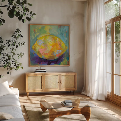 Lemon by Jeanette Vertentes. Shown in a natural wood frame in a cozy modern living room. Available as an archival giclee rolled canvas, fine art paper, or poster print. SKU 53244a.