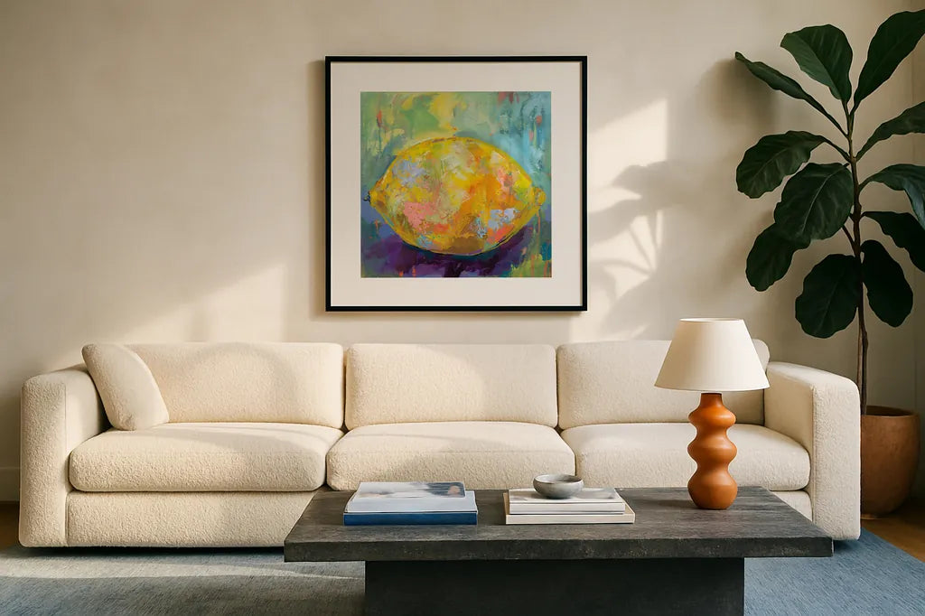 Lemon by Jeanette Vertentes. Displayed in a glass frame with matte in a clean modern living room. Available as an archival giclee rolled canvas, fine art paper, or poster print. SKU 53244a.