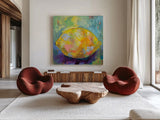 Lemon by Jeanette Vertentes. Shown as extra-large giant wall art in a modern living room. Available as an archival giclee rolled canvas, fine art paper, or poster print. SKU 53244a.