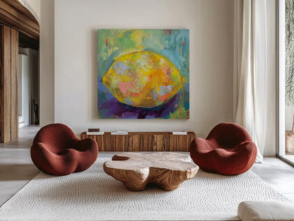 Lemon by Jeanette Vertentes. Shown as extra-large giant wall art in a modern living room. Available as an archival giclee rolled canvas, fine art paper, or poster print. SKU 53244a.