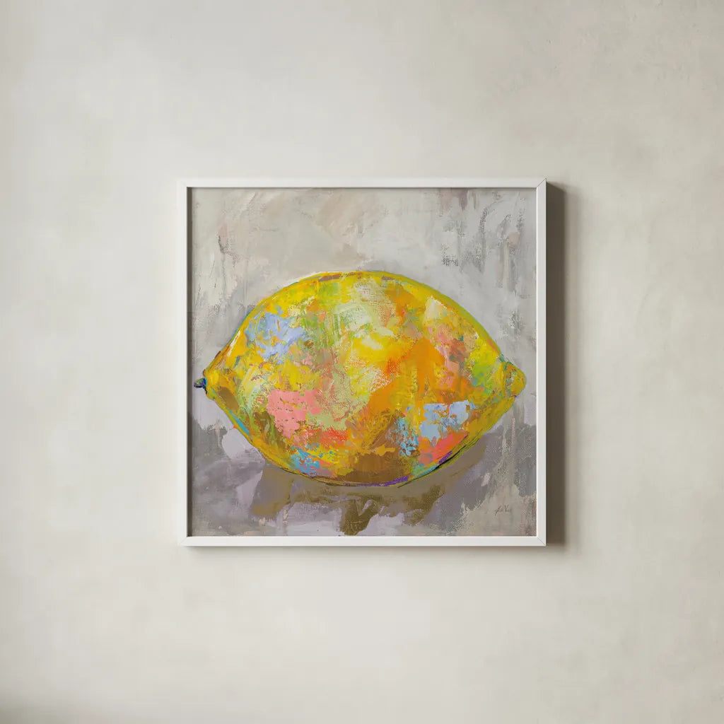 Lemon Neutral by Jeanette Vertentes. Shown in a crisp white glass frame for a clean and minimalist style. Available as an archival giclee rolled canvas, fine art paper, or poster print. SKU 58939a.