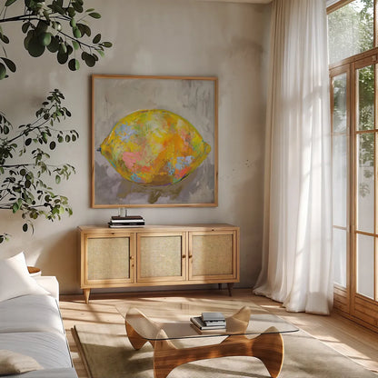 Lemon Neutral by Jeanette Vertentes. Shown in a natural wood frame in a cozy modern living room. Available as an archival giclee rolled canvas, fine art paper, or poster print. SKU 58939a.