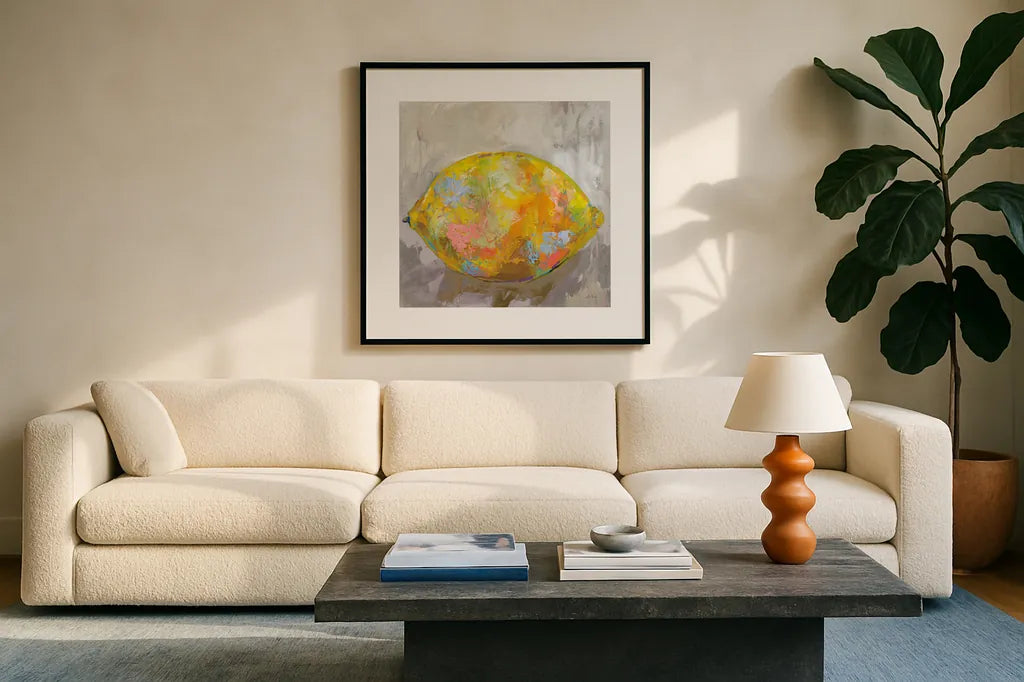 Lemon Neutral by Jeanette Vertentes. Displayed in a glass frame with matte in a clean modern living room. Available as an archival giclee rolled canvas, fine art paper, or poster print. SKU 58939a.