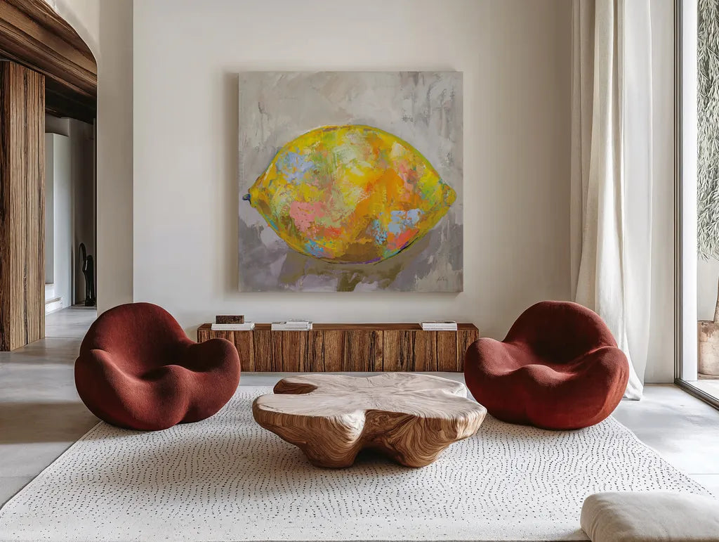 Lemon Neutral by Jeanette Vertentes. Shown as extra-large giant wall art in a modern living room. Available as an archival giclee rolled canvas, fine art paper, or poster print. SKU 58939a.