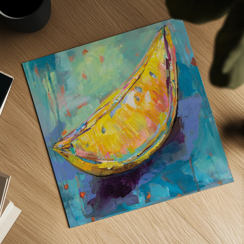 Lemon Wedge by Jeanette Vertentes. Shown as a detailed flat fine art print, highlighting archival giclee quality. Available as an archival giclee rolled canvas, fine art paper, or poster print. SKU 53245a.