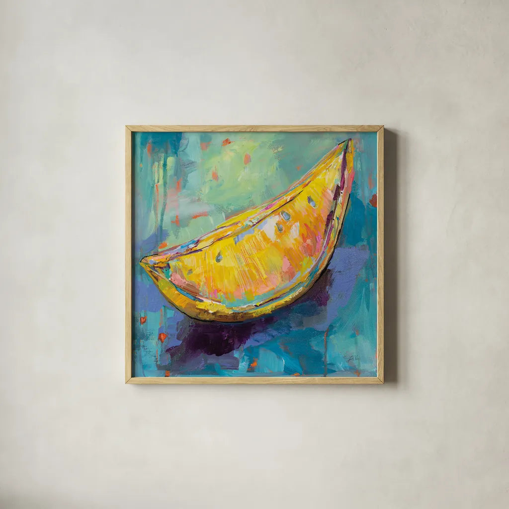 Lemon Wedge by Jeanette Vertentes. Shown in a natural wood glass frame for a timeless modern aesthetic. Available as an archival giclee rolled canvas, fine art paper, or poster print. SKU 53245a.