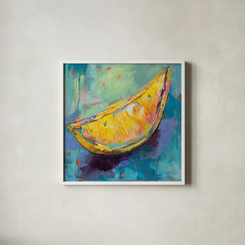 Lemon Wedge by Jeanette Vertentes. Shown in a crisp white glass frame for a clean and minimalist style. Available as an archival giclee rolled canvas, fine art paper, or poster print. SKU 53245a.