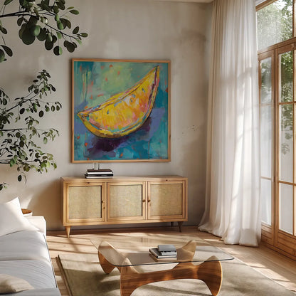 Lemon Wedge by Jeanette Vertentes. Shown in a natural wood frame in a cozy modern living room. Available as an archival giclee rolled canvas, fine art paper, or poster print. SKU 53245a.
